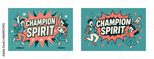 Energetic young champions celebrating spirit with rocket and stars illustration