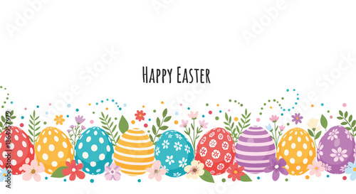Colorful Happy Easter banner featuring a border of beautifully patterned eggs nestled in spring flowers and leaves on a white background.