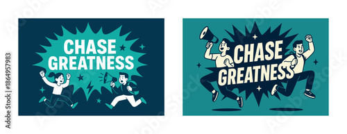 Dynamic cartoon illustrations of people chasing greatness with enthusiasm and energy