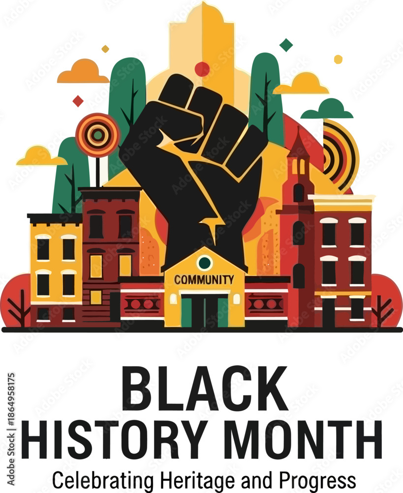 Naklejka premium black history month illustration celebrating heritage and progress with community buildings and raised fist symbol on transparent background