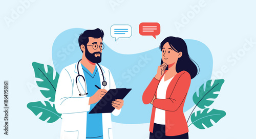 Professional male doctor in a white coat consulting with a female patient, discussing diagnosis and treatment in a medical clinic setting.