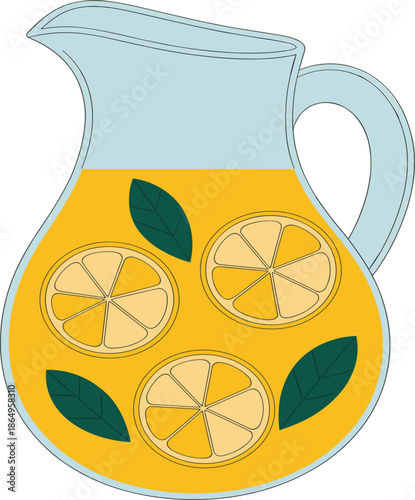 Summer Beverage Illustration of a Refreshing Lemonade Pitcher with Fresh Citrus Slices and Leaves