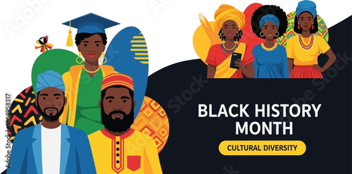 Black history month banner showcasing cultural diversity with graduating student afro-caribbean women and traditional african men on dark background