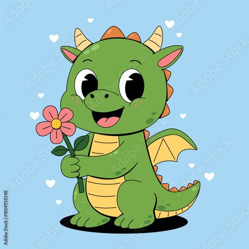 Cartoon Dragon Holding a Pink Flower