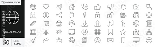 Social Media 50 Icons Vector, Online Communication Network, Community Sharing and Digital Interaction Symbol