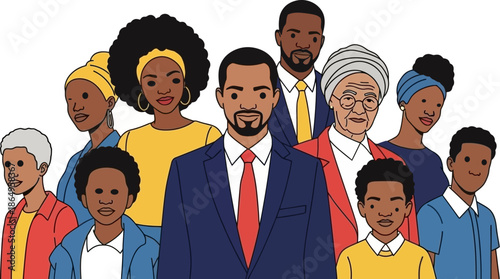 Diverse group of african american and multiracial adults and children standing together in modern clothing representing family and community unity