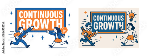 Cartoon office scene with people and continuous growth sign
