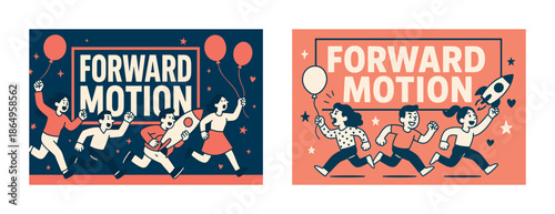 Illustration of people in motion with balloons and rockets in dynamic style