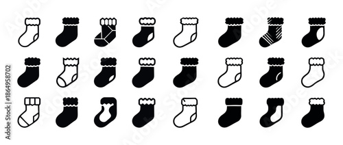 Collection of black and white sock icons in various styles and patterns