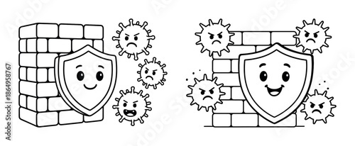 Cartoon shields protecting against angry virus particles