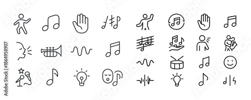 Musical icon set: notes, instruments, performers, and more in line art