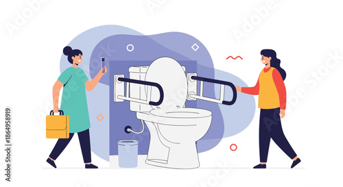 Modern illustration of a handicap accessible toilet with grab bars, highlighting safety and mobility aids for disabled individuals.