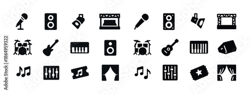 Music icon set: instruments, equipment, and performance symbols