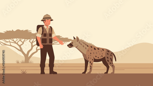 Safari Adventure Zookeeper Interact With Hyena in African Desert Scene