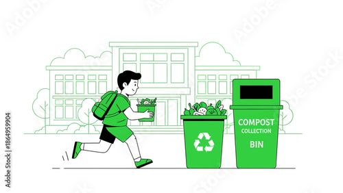 Schoolboy Composting Food Waste Actively Contributes To Environmental Protection Education