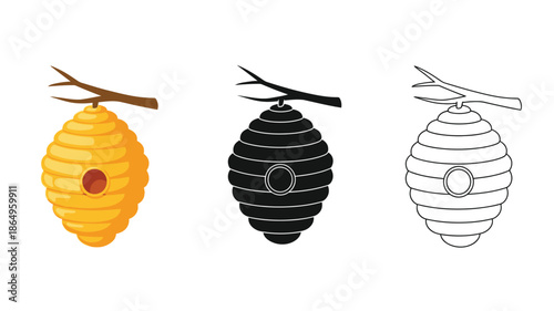 Beehive illustrations in color solid black and line art styles
