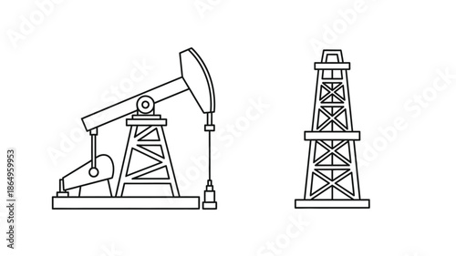Oil pumps and drilling rig line art illustration industrial equipment silhouette
