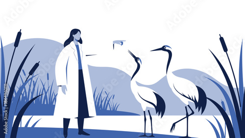 Scientist Observing Endangered Cranes In Natural Habitat For Conservation Efforts