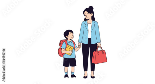 Working mother holding her son's hand as she walks him to school, illustrating the balance of career, family, and parenthood.