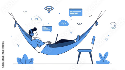 Remote Developer Relaxing In Hammock While Working On Laptop And Enjoying The Freelance Life