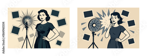 Retro style illustrations of young caucasian female with camera and flash
