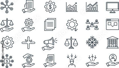 Business analysis and legal justice icon set featuring scales of equity financial growth charts and organizational network symbols.