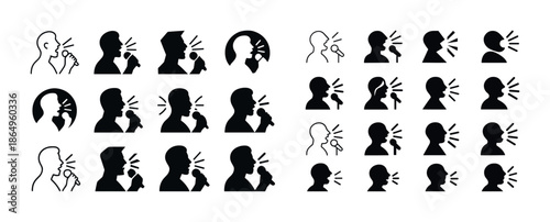 Set of diverse silhouette icons of people singing with microphones