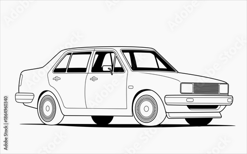 Black and white outline of classic sedan car vector illustration, isolated on white background, ideal for automotive design, coloring book, retro concept, and transportation themes.