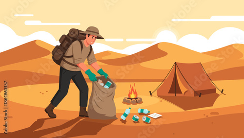 Responsible Tourist Cleaning Garbage on Desert Trip Promoting Environmental Awareness