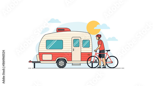 Retro Style Camper Van With A Cyclist Man Enjoying The Outdoors