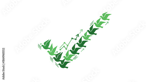 Rising Success Symbol Made Of Birds And Increasing Graph In Green Colors