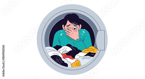Conceptual illustration of a stressed woman trapped inside a washing machine, symbolizing being overwhelmed by chores and anxiety.