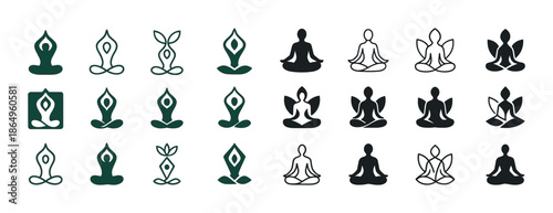 Collection of yoga and meditation icons in different styles