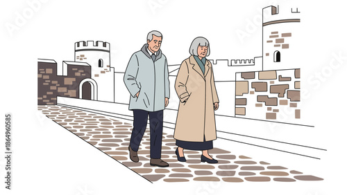 Senior Couple Enjoying A Walk On Cobblestone Street Near An Ancient Castle