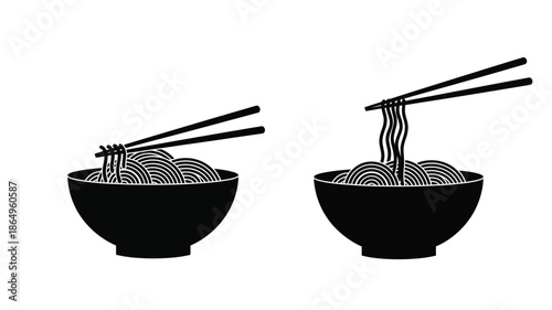 Two bowls of noodles with chopsticks a striking black silhouette