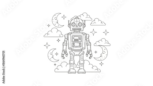 Robotic Dreamscape Line Art Illustration With Celestial Bodies And Cloudy Details