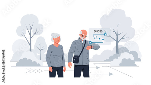 Senior Couple Using Smartwatch Navigation In The Park Together Illustration