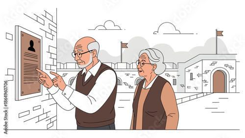 Senior Couple Exploring Historical Site Reading Plaque On Stone Building Wall