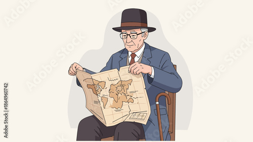 Senior Gentleman Examines A World Map For Travel Planning And Nostalgia