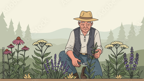 Senior Gardener Tending To Herbs In A Lush Garden On A Sunny Day