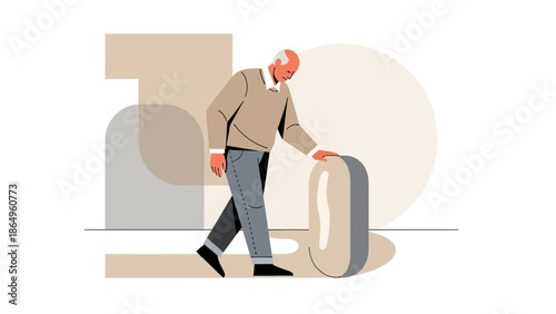Senior Man Leaning On An Object With Abstract Geometric Shapes In The Background