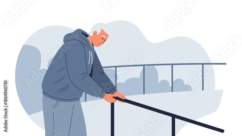 Senior Man Standing Outdoor Overlooking From Balcony With City View