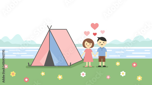 Romantic Camping Trip Illustration For Valentine Day Couple Cartoon Character