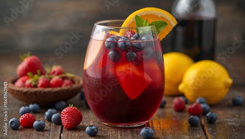 Refreshing Drink With Berries and Citrus on Wooden Table During Summer Gathering
