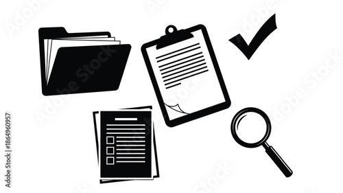Office supplies including folders clipboard checklist and magnifying glass silhouette
