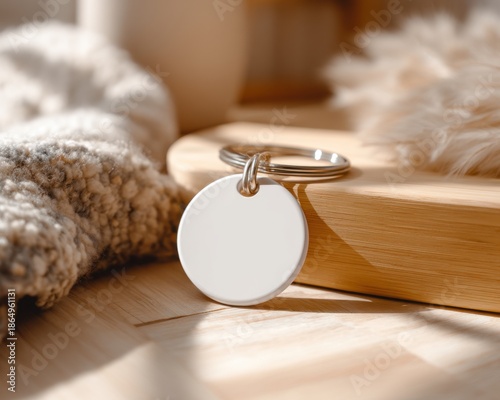 Blank white circular keychain mockup resting on a light wooden surface with soft natural light creating long shadows perfect for branding and personalized designs