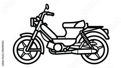 Simple black and white outline drawing of a classic moped motorcycle