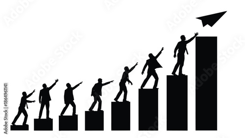 People climbing ascending bar graph representing success growth and progress silhouette