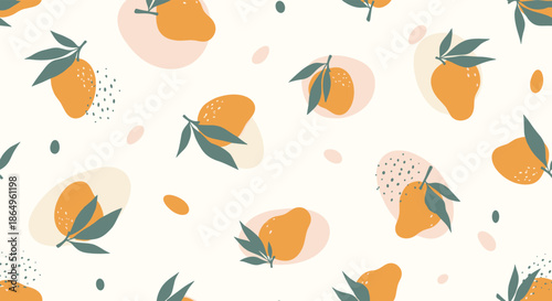 Modern seamless pattern with abstract hand-drawn mango fruits, leaves, and organic shapes in a trendy, artistic and fruity design.