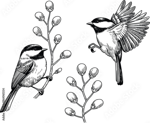 Detailed Black and White Line Art vector of Chickadees Perched and Flying Near Budding Branches